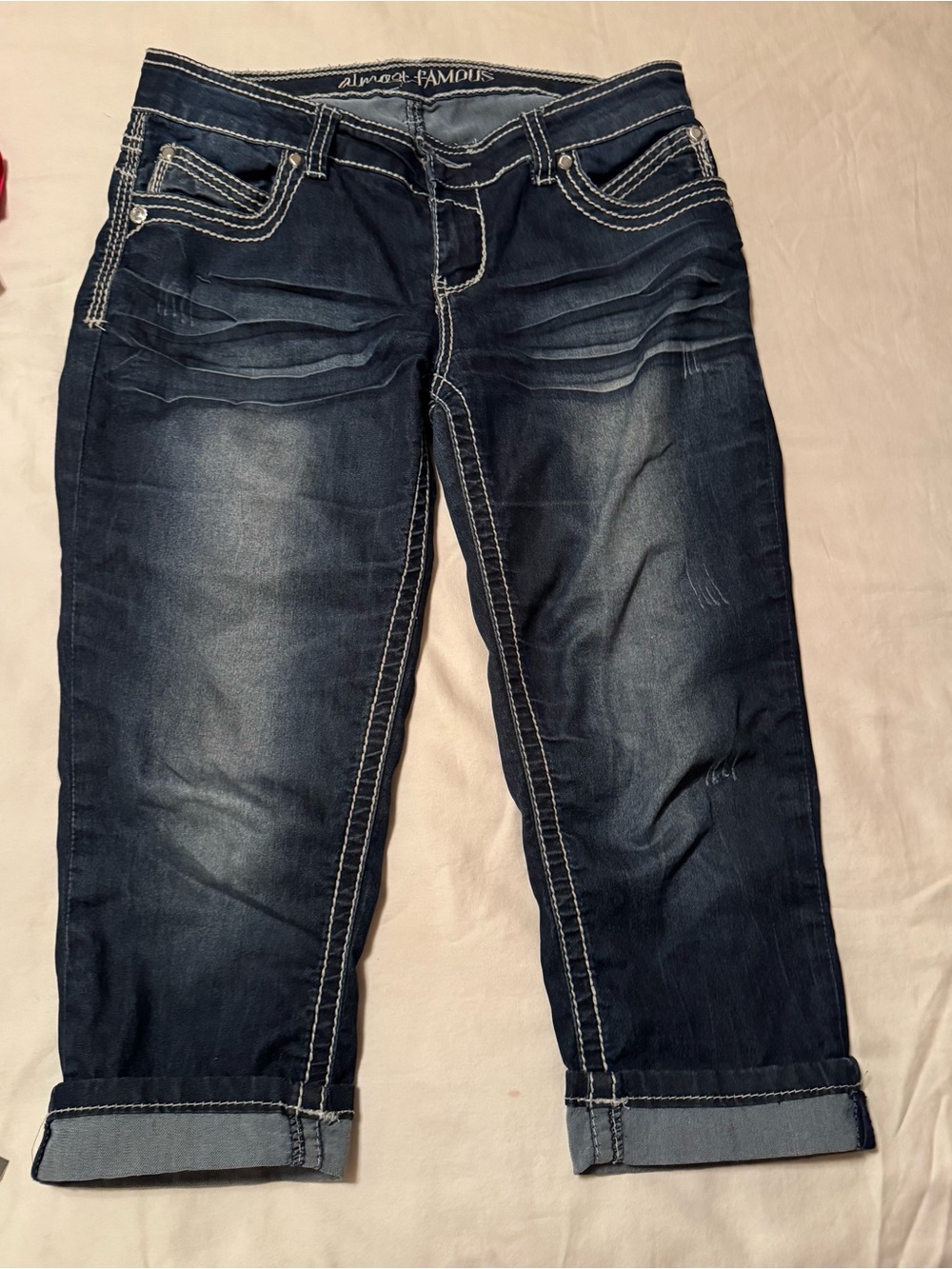 Almost Famous Dark Indigo Cropped Jeans with White Contrast Stitching
